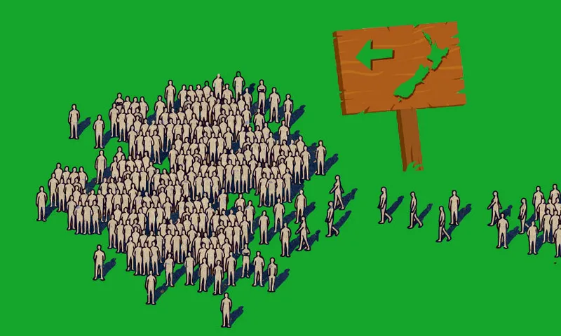 a crowd of small figures against a green bakground, with a sign pointing to New Zealand