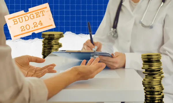 two hands looking like they're in a medical setting with palms out, coins imposed and a blue background with a 'budget 2024' sticker on top