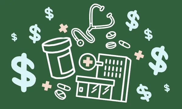 a green background with cartoon dollar signs and bottles of pills on a green background