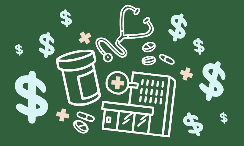 a green background with cartoon dollar signs and bottles of pills on a green background