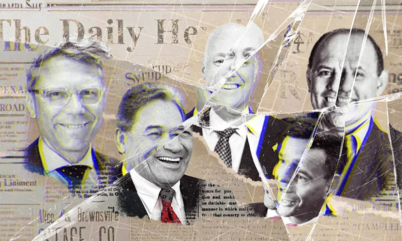 Images of Paul Goldsmith, Winston Peters, Christopher Luxon, David Seymour and Willie Jackson, set against a backdrop of a vintage newspaper, overlaid with an effect that makes it look like the glass covering the image is smashed, with visible cracks radiating from the centre