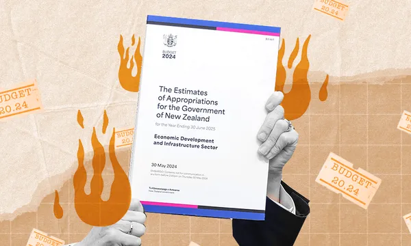 The image shows a person holding a document titled "The Estimates of Appropriations for the Government of New Zealand for the Year Ending 30 June 2025: Economic Development and Infrastructure Sector." The document is marked with the New Zealand government logo and dated 30 May 2024. The background features flames and the phrase "Budget 2024" on price tag stickers.