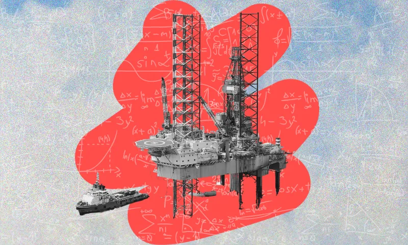 An offshore oil rig and a supply vessel are depicted against a backdrop featuring mathematical equations. The background is predominantly blue with a large red shape in the center, partially covering the rig and vessel, filled with white mathematical formulas and diagrams.
