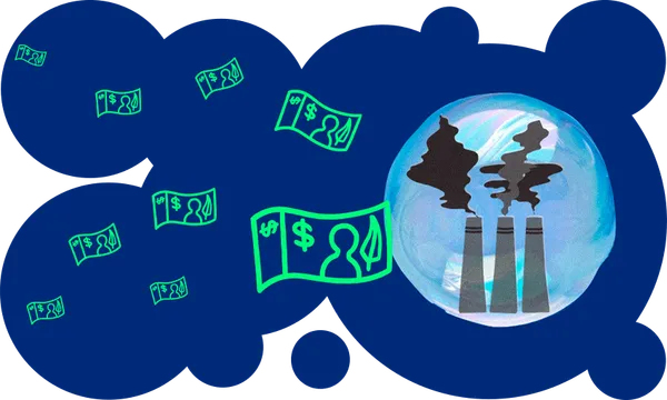 blue blobs and smoke stacks and dollar bills