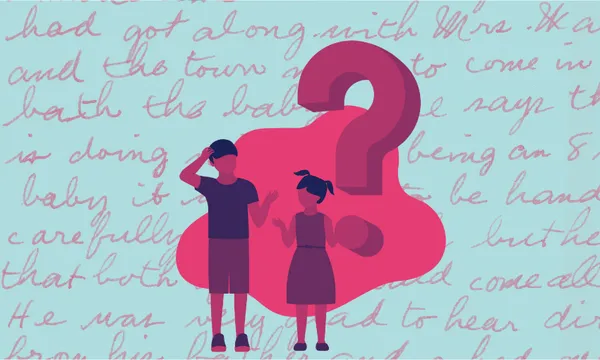 a blue background of loose cursive writing with two puzzled cartoon characters standing in front of a pink questionmark