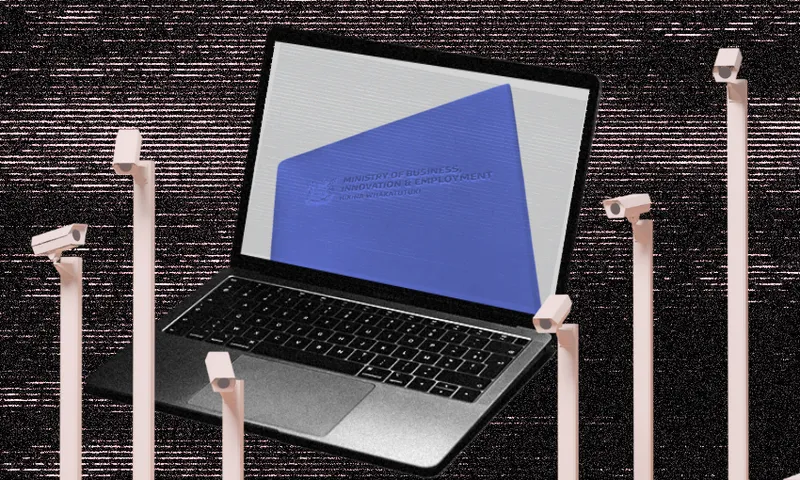 The image shows a laptop with a screen displaying a sign saying "Ministry of Business, Innovation & Employment." Surrounding the laptop are multiple surveillance cameras pointed towards it.