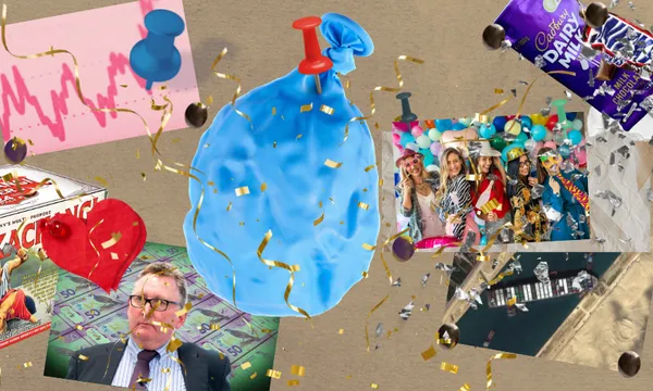 a cork board with a defalted baloon, some chocolate bar wrappers , a picture of adrian orr and confetti