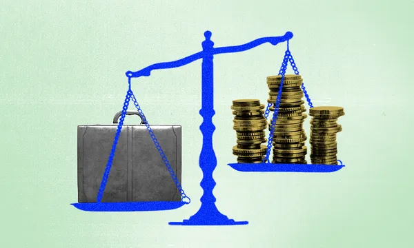 green background wit scales, coins on one sideand a briefcase on the other