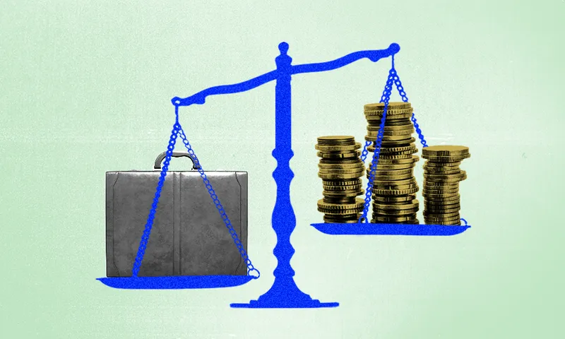 green background wit scales, coins on one sideand a briefcase on the other