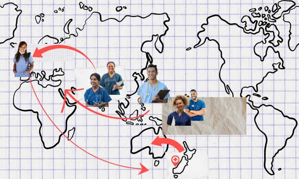 a graph paper map of the worl with nurse stock images in the philippines, india and the pacific, and arrows pointing to the UK, New Zealand, the Middle East and Australia