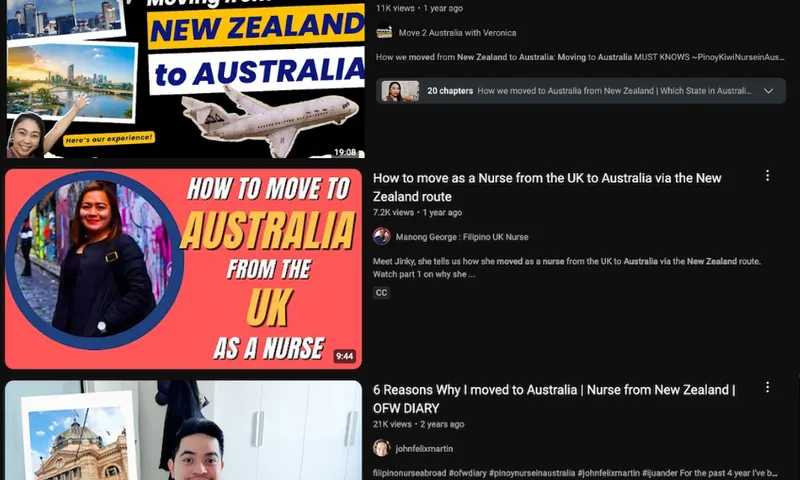 a YouTube screenshot showing different videos about nurses migrating