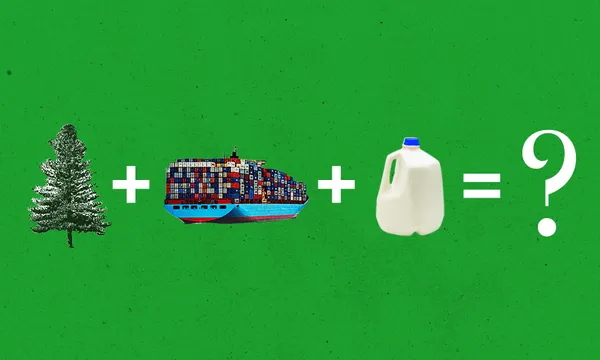 milk bottle + shipping container + tree = question mark