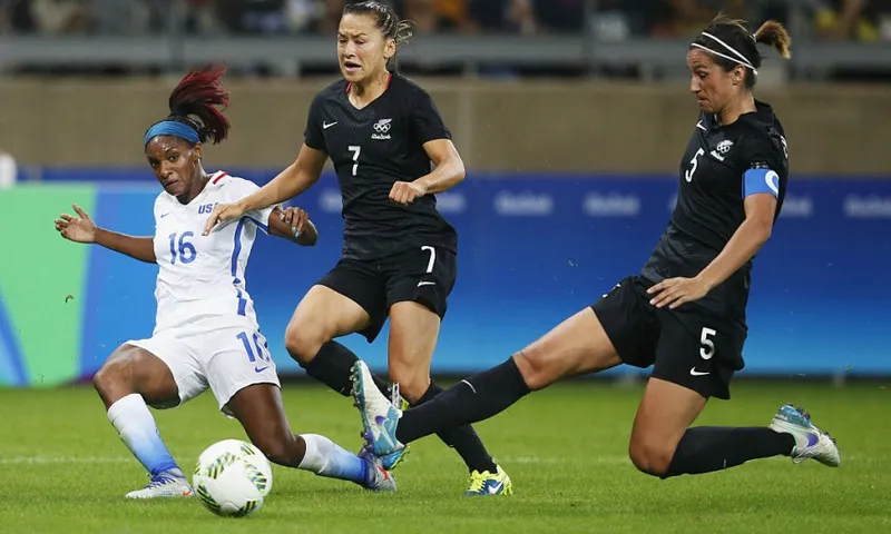 Ali Riley and Abby Erceg playing for the Football Ferns at the Olympics getty