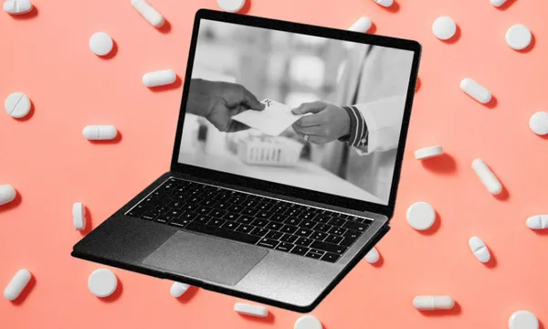 a pink background with a number of pills, and a computer screen showing a prescription being handed between two people