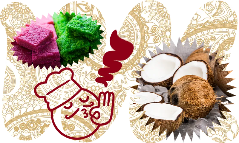 a zigzaggy background with a coconut and chef's kiss