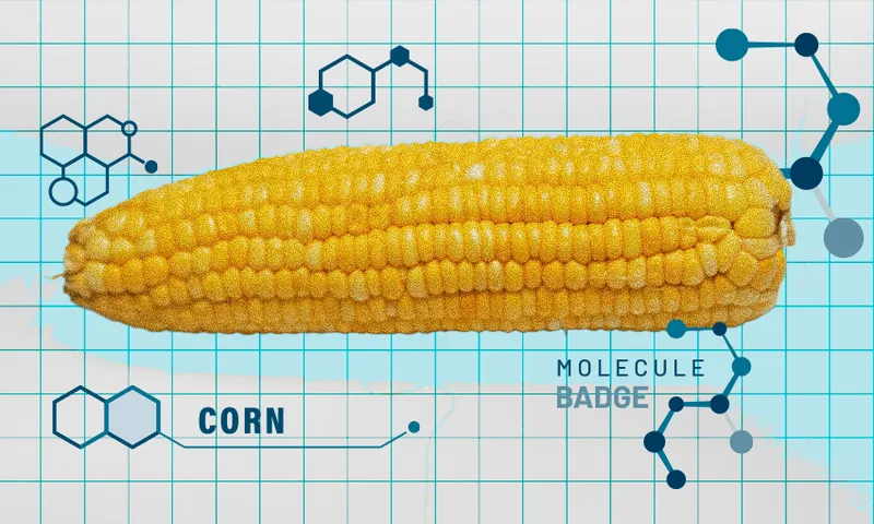 a grid paper background with a tectured photo of corn overlaid over hexagonal molecule esque illustrations