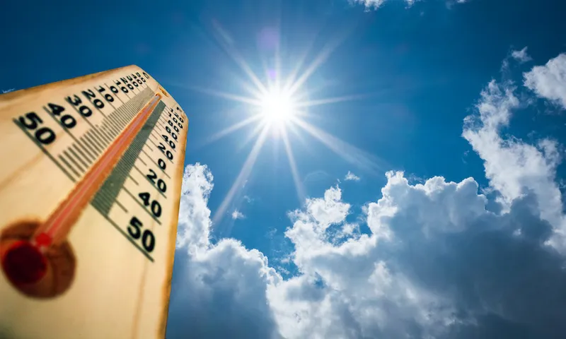 Thermometer Sun high Degres. Hot summer day. High Summer temperatures