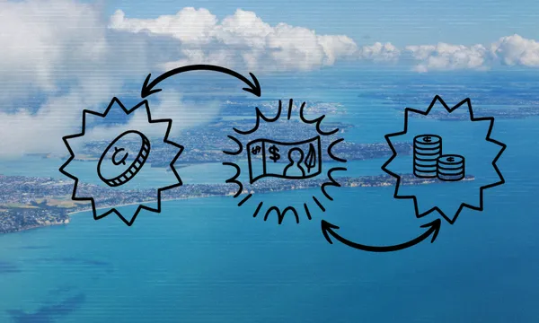 a blue island background with three spiky dots surrounding money with arrows