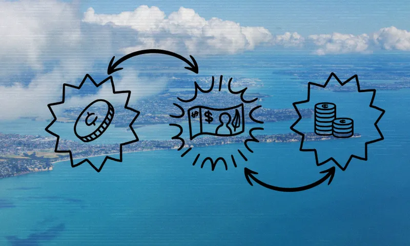 a blue island background with three spiky dots surrounding money with arrows