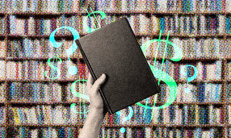 a hand holding a book in front of a shelf of books in a library, with dollar signs scattered about