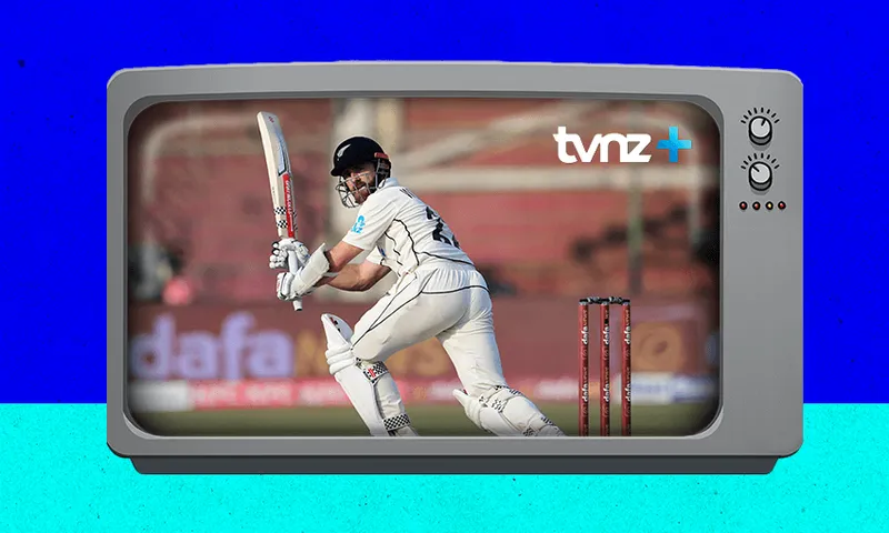 kane williamson batting on a television with tvnz+ in the corner
