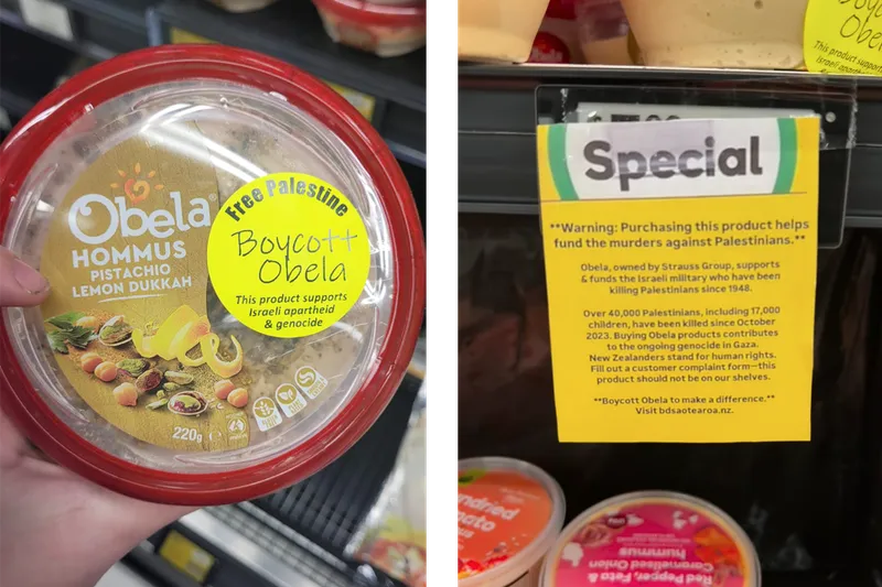 boycott sickers on Obela hummus