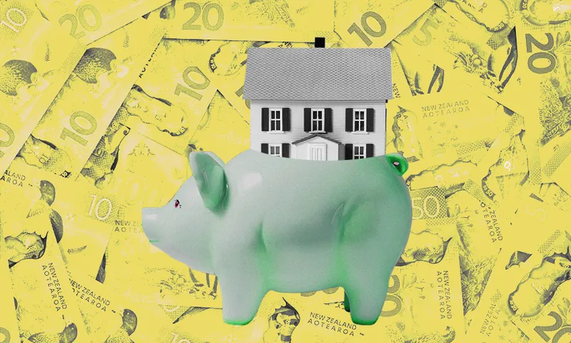 a green piggy bank with a house being deposited in it on a floor of money notes
