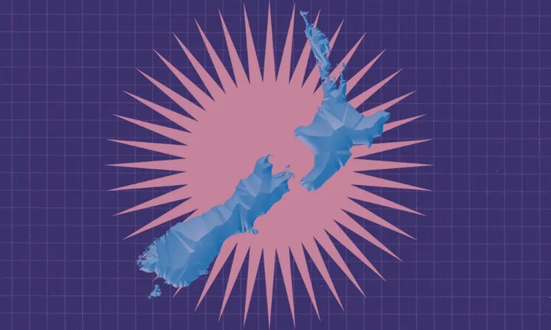 a purple grid background overlaid with a pink starburst overlaid with a 3D blue NZ map