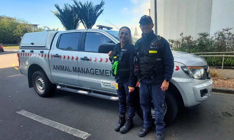 Two people in uniforms stand in front of a silver truck labeled "Animal Management." They are smiling and holding leashes. The setting appears to be an outdoor urban area with trees and a building.