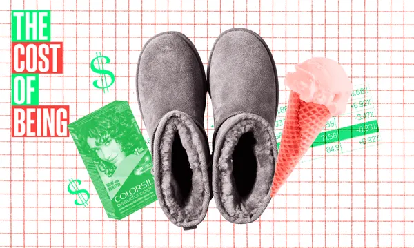 A pair of gray fluffy boots, a pink ice cream cone, and a box of hair dye are placed against a gridded background. Dollar signs are scattered around, with green and red numbers showing prices. Text reads "The Cost of Being.