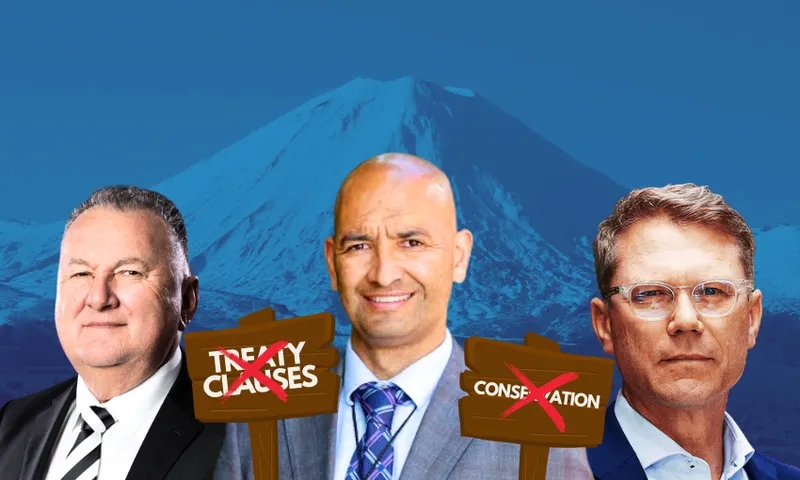 Shane Jones, Tama Potaka, and Paul Goldsmith in suits stand in front of Mount Ruapehu. Two signs with red crosses read "Treaty Clauses" and "Conservation." The background mountain is partially obscured by the signage.
