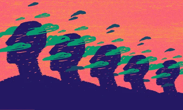 five silhouetted purple heads and shoulders with green clouds around them, against an orange "static" background