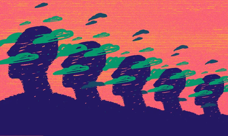five silhouetted purple heads and shoulders with green clouds around them, against an orange "static" background
