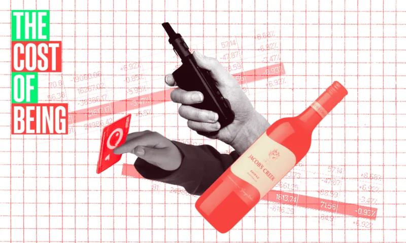 A collage featuring a vape, a travel card, and a wine bottle against a red graph background. The text "The Cost of Being" is on the left in green and red.