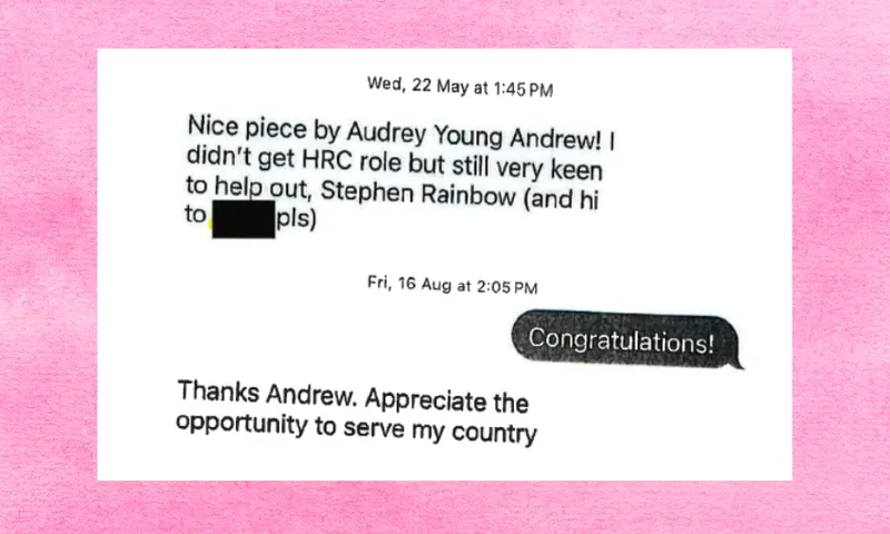 A screenshot of a text exchange. Message from May 22 mentions Audrey Young Andrew, HRC role, and Stephen Rainbow. The reply on August 16 congratulates, followed by thanks expressing appreciation for serving the country. Background is pink.