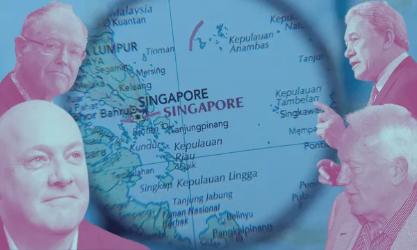 A map highlighting Singapore, surrounded by four men in different positions. Two are at the top and two at the bottom, with varying expressions. The map and figures are shown in blue, pink, and white tones.