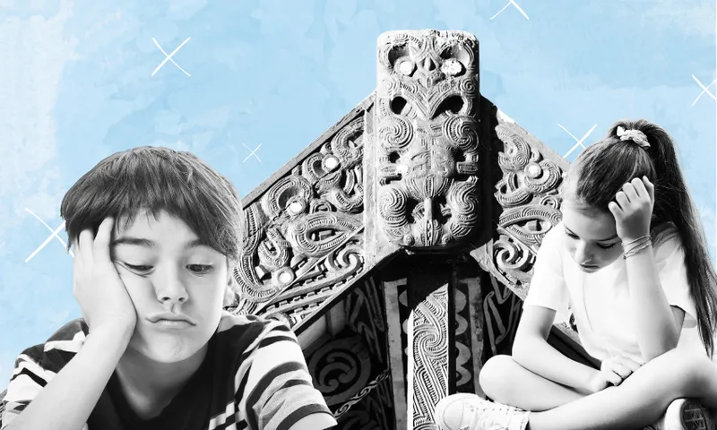 A boy and a girl sit with their heads resting on their hands, looking thoughtful. They are positioned in front of a large, intricately carved whare under a blue sky.