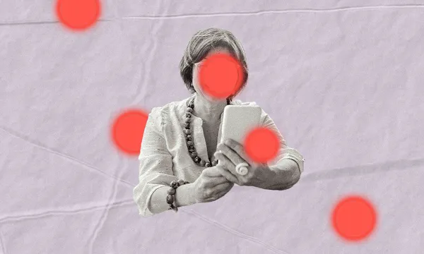 a woman with red docs on her face and phone on a light purple backgroun with a threatening aura