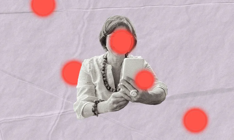 a woman with red docs on her face and phone on a light purple backgroun with a threatening aura