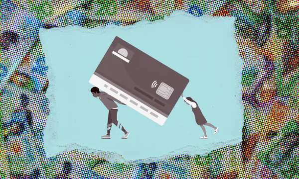 Two people struggling to carry an oversized credit card. The background is a colorful mosaic pattern, and the card features typical details like a chip and contactless symbol.
