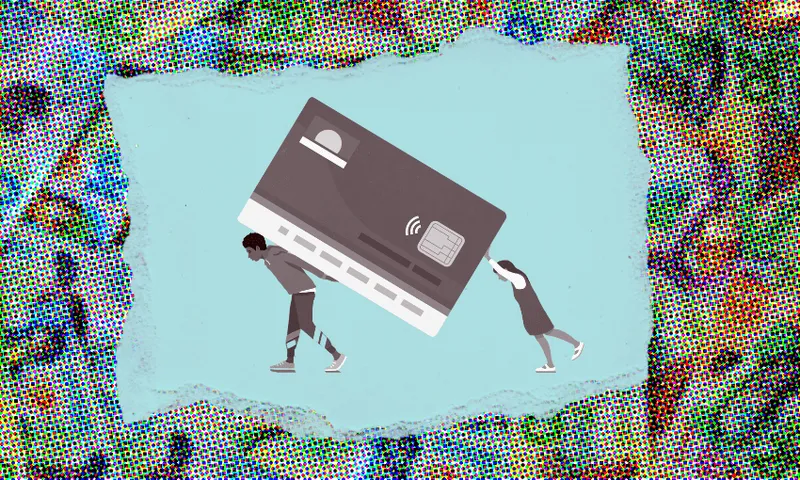 Two people struggling to carry an oversized credit card. The background is a colorful mosaic pattern, and the card features typical details like a chip and contactless symbol.