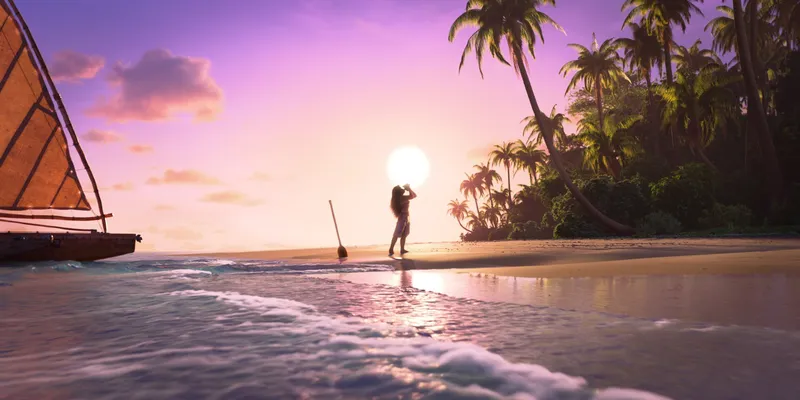A tropical beach scene at sunset with a silhouette of a person near the water's edge. A sailboat is on the left, and palm trees line the shore under a vibrant pink and purple sky. The sun is low, creating a serene and warm atmosphere.