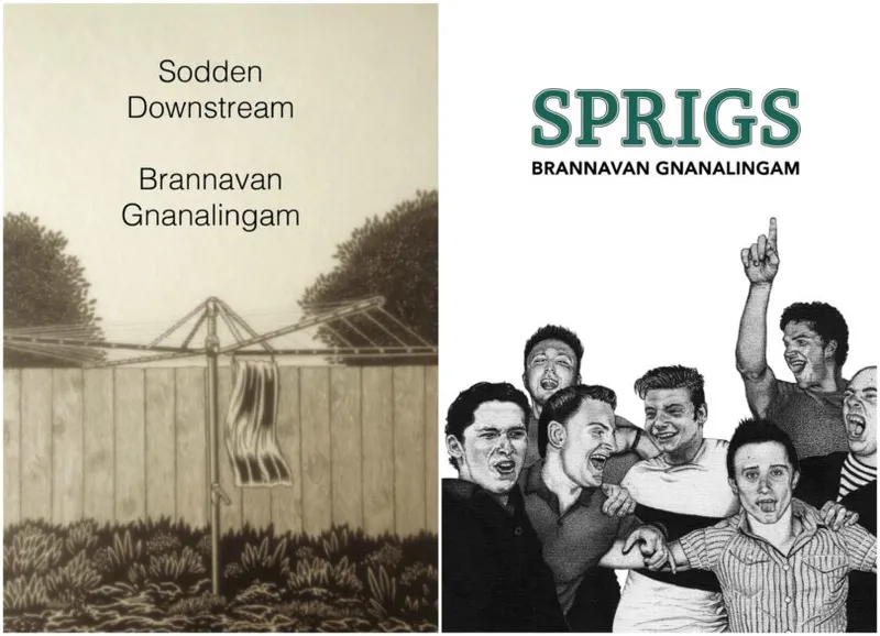 the covers of Sprigs and sodden downstream, sodden downstream features a sepia toned rotary washing achine and sprigs a bunch of teenage boys looking chaotic and dangerous