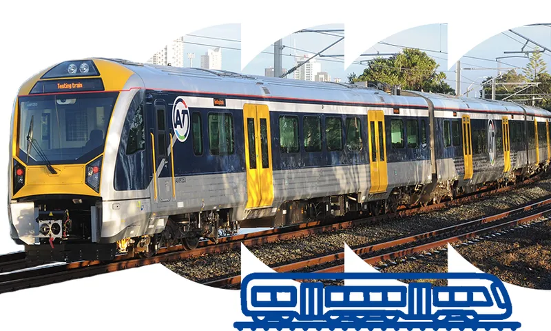 a train with some scalloped cut out shapes and a smaller train illustration underneath