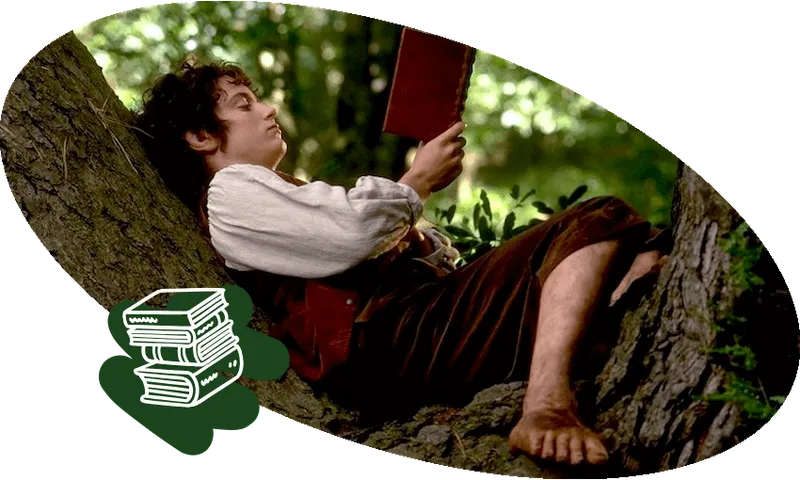 Frodo from the Lord of the Rings reading a book