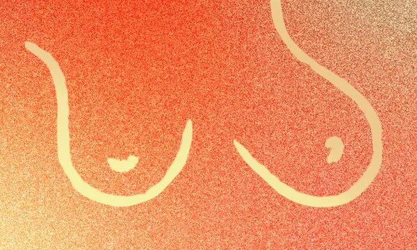 Abstract image of two stylized breast shapes on a textured, gradient background ranging from red to orange.