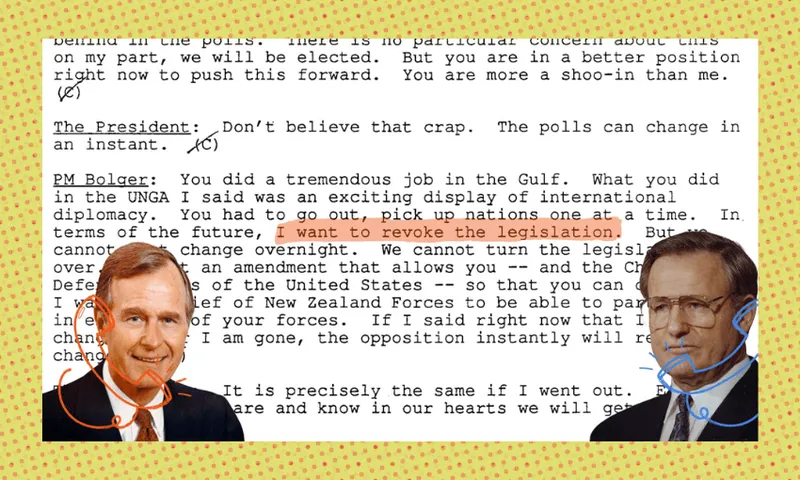 A collage featuring a vintage typed political document. Overlaid are two images of white middle-aged men, one has a red line drawing of a telephone over him, the other a blue line drawing of a telephone. The background has a polka dot pattern.