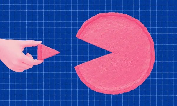 A pink pie with a slice removed on a blue grid surface. A hand holds the removed slice to the left of the pie.