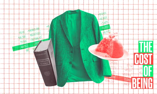 A green blazer, a book labelled "Complete Works by Shakespeare," and a plate with a Christmas pudding are placed in front of a background showing graphs and numbers. The text "The Cost of Being" is on the right.