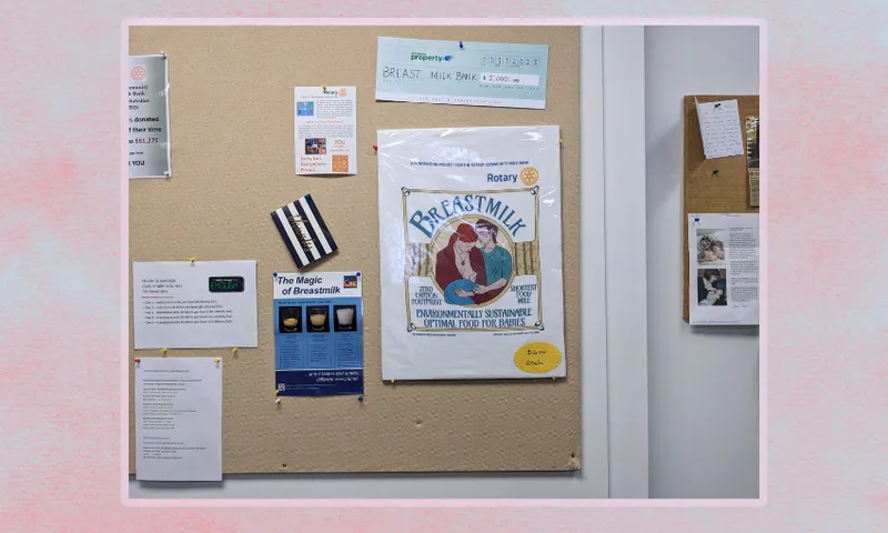posters and signs at the breast milk bank on the wall including a tea towels that says breast milk has no food milks